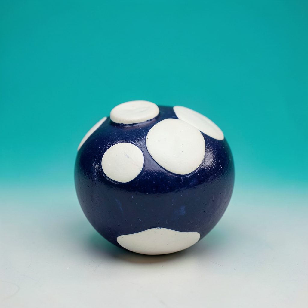 A small circular studio photo of rounded ceramic shapes in deep navy and white on a neutral backdrop.