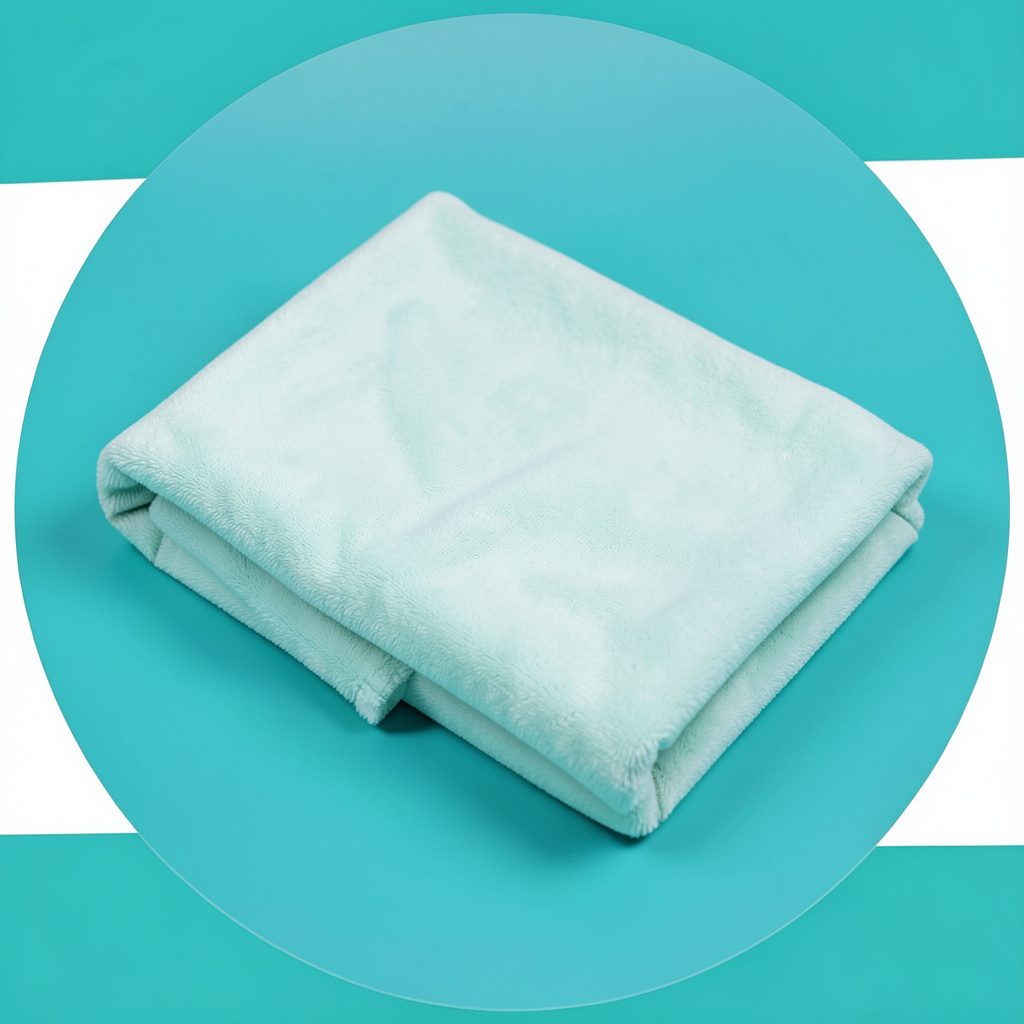 A circular studio photograph of soft mint fabric folds on a white seamless backdrop.