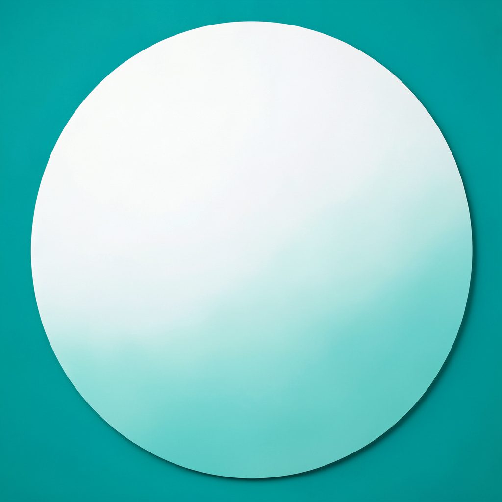 A large circular studio photograph showing gentle teal gradients on a clean white surface.