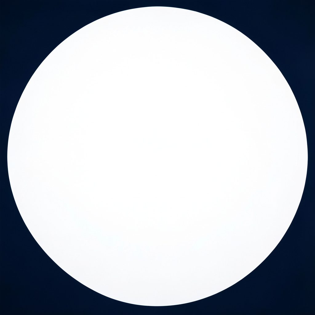 A small circular studio photo featuring navy accents and clean white space.