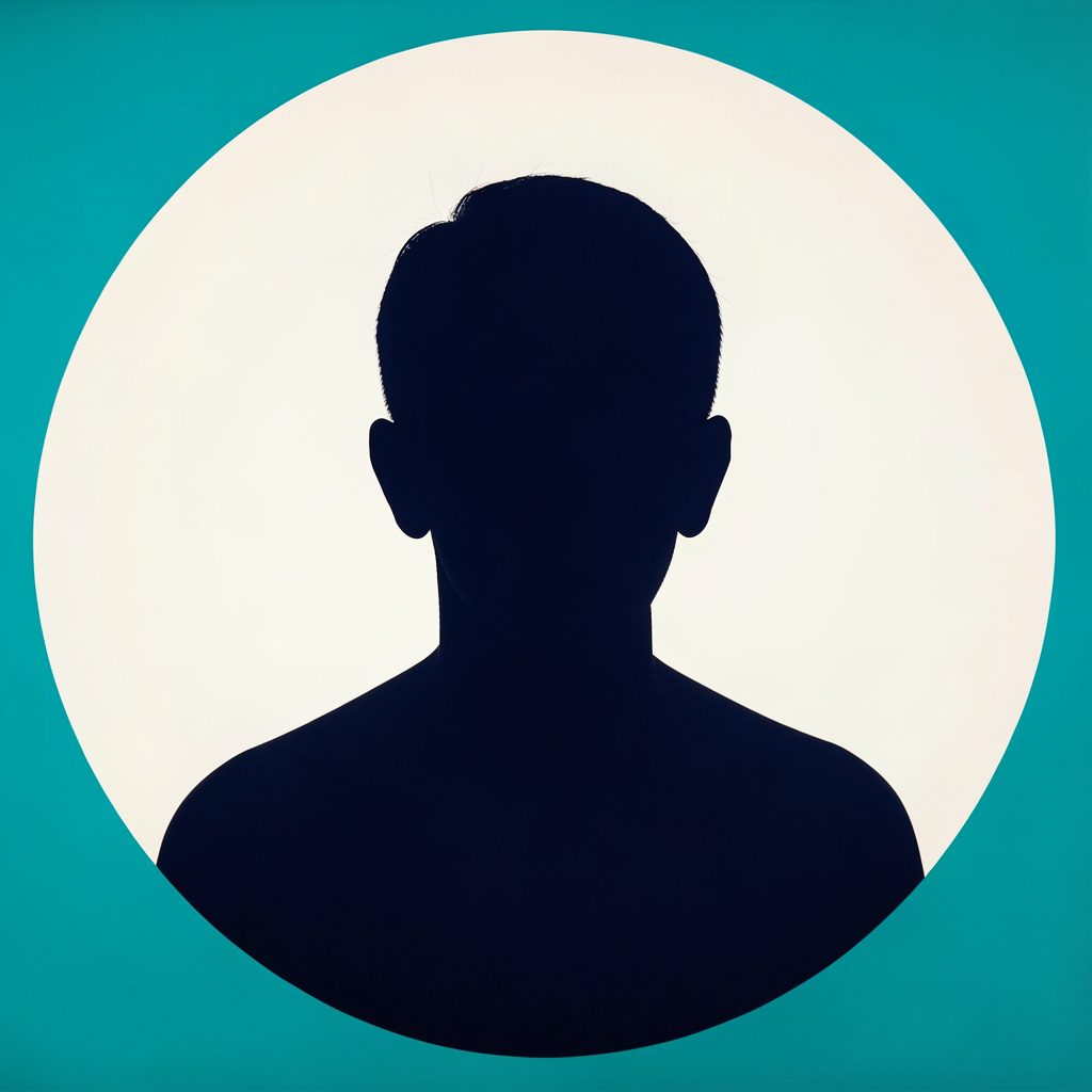 A circular studio portrait silhouette in navy tones on a pale backdrop.
