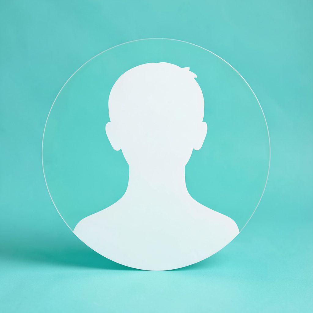 A circular studio portrait silhouette in mint and white tones on a soft backdrop.